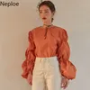 Koreański Chic O Neck Plised Puff Długim Rękawem Bluzka Pomarańczowy Kolor Dolny Wiosna Jesień Blusas Design Slim Koszula 210422