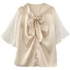 Coréen soie femmes chemise Blouses pour femmes à manches courtes chemises solides femme haut abricot nœud sangle surdimensionné 210604