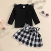 Pudcoco Mädchen Outfits Zwei Stück Anzug Mode Mesh Garn Nähen Langarm Tops und Plaid Bandage Kurzen Rock G1026