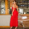 Lässige Kleider 2021 Frühlingsfrauen Rot Sexy trägerlos rückenfrei Cascading Rüschenkleid Celebrity Runway Club Abend Party Lange Vestidos