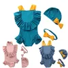 赤ちゃん女の子水着ワンピース子供女の子の水着のための1-6歳のファッション子供水泳スーツ3pcsフリルBow Beachwear 210417