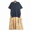 [EAM] Women Blue Big Size Spliced Pleated Print Dress Round Neck Short Sleeve Loose Fit Fashion Spring Summer 1DD7241 21512