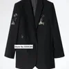 Woman Black Flowers Star Strass Decoration Blazer Single Button Long Sleeves Fashion Suit Coat SS 211122