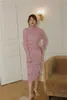 Pink Floral Flare Рукав Bodycon длинное платье Женщины Plific Turtleneck Асимметричный вырезать Корейский модной одежды 210427