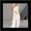 衣料品アパレルドロップデリバリー2021女性ホワイトレースアップオフィスジャンプスーツ1つの肩のジャンプスーツセクシーな背中のスラッシュネックワイドレッグパンツWO