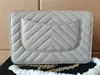 Realfine Wallets 5A WOC Caviar Grainy Quilted Flap Classic Wallet on Chain for women with Dust Bag+Box Lambskin Leather