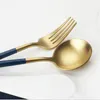 4pcs Cutlery Set Steak Kitchen Food Tableware Dinner Stainless Steel Brushed Titanium High Quality Luxury Blue Gold 210423