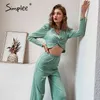 V-länk Long Puff Sleeve Suits Stickad Tvådelad Casual Kvinna Playsuits High Fashion Solid Kvinnor Jumpsuits 210414