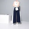 [EAM] Spring High Waist Blue Side Pleated Split Joint Hit Color Loose Wide Leg Long Pants Women Trousers Fashion JO562 210925