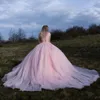 Quinceanera sexiga rosa klänningar bollklänning djupt v hals kristallpärlor långa ärmar tyll plus size sweet 16 formell fest prom afton klänningar s