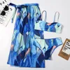 Damskie stroje kąpielowe 2022 Seksowne bikini kobiety pokrywka plaża Trzy kawałki zestaw push fempel nadruk kąpielowy Sarong Bather Bathing garnitury