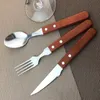 50Set/Lot 3Pcs Wood Cutlery Set Including Fork Spoon Knife Set,Stainless Steel Tableware Dinnerware Set with Wooden Handle