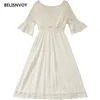 Francuski Retro Koronki Flarowane Rękawy Plaża Sun Sukienki Dla Kobiet Letnie V-Neck Czeski Sweet Sukienka Kobieta Party Wróżka Vestidos 210520