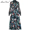 Robe de créateur de mode Printemps Femmes Robe Perlée Col montant Manches longues Taille élastique Robes de vacances à imprimé floral 210524