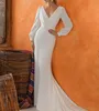 Simple V Neck Mermaid Wedding Gowns Bohemian Illusion Bodice See Through Back Long Sleeves Sweep Train Beach Bridal Dress Custom Made