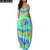 Ladies Clothes Tie Dye Gradient Diagonal Stripe Printed Deep V Neck Sling Dress Floor-Length Casual A-Line Women 210515