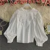 Koreański Motyl Hollow-Out Bluzka Topy Causal Puff Długi Rękaw O-Neck Shirt Spring Pullover Blusas Mujer 6E403 210603