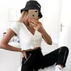 Neue Frauen Sexy Kurzarm V-Ausschnitt Button Tanktops T-Shirt Damen Sommer Casual Weste Crop Tops Urlaub Kleidung X0507