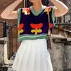 Симпатичные цветочные принт вязаные свитер жилет женщины Preppy стиль Y2K винтажные одежды пэчворк полосатый свитер жилет женский трикотаж Y0825