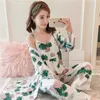 Automne 3 PCS Sexy À Manches Longues Robes Pyjama Ensembles pour Femmes Imprimer Vêtements De Nuit Homewear Pijama Mujer Maison Vêtements Trois Pièces Ensemble 210928