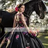Mexican Charro Quinceanera Dresses Vestido De 15 Aos V Neck Black Embroidery Sweet 16 Dress Puffy Skirt Girl Prom Wear