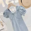 Sommar EuropeanAmerican Fashion Girls Middle School Barn Bubble Sleeve Denim Princess Dress Toddler Baby Kids Girl Clothing 210625