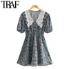 Traf Women Chic Fashion Floral Print Lace Patchwork Mini Dress Vintage Kort ärm Elastisk midja Kvinnliga klänningar Vestidos 210415