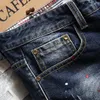 Men's Painted Holes Ripped Denim Shorts Summer Blue Slim Straight Jeans Knee Length Breeches264L