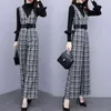 Moda Feminina Terno Outono e Inverno Woolen xadrez Grande perna larga + camisa de tricotada camisa de duas peças conjunto 210520
