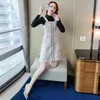 Women Autumn Winter Vest Dress Square Neck Strap Vintage Sleeveless Pocket and Black sweater Suit 210506