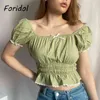 Bowknot Plaid Crop Tops Women Puff Sleeve Vintage Pelpum Green Cotton Blouse Square Collar Purple Summer 210427