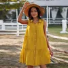 Été Vintage plage mimi robe femmes solide sans manches pour doux jaune décontracté femme vestidos 210508