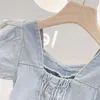 Sommar EuropeanAmerican Fashion Girls Middle School Barn Bubble Sleeve Denim Princess Dress Toddler Baby Kids Girl Clothing 210625