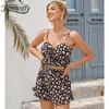 Daisy Drukuj Kobiety Dwuczęściowy Zestaw Czarny Lace Up Cami Top i Wzburzyć Hem Spodenki 2 Letnie wakacje Boho Sets 210510