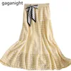 Gaganight Vintage Ekose A-Line Pileli Uzun Etekler Kadınlar Elastik Yüksek Bel Midi Etek Papyon Yaz Bayanlar Plaj Etekler 210519
