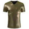 Silver Coated Metallic T Shirt Men Shinny Casual V-Neck Mens T-shirt Nattklubb T-shirts Hip Hop Tops Solid Harajuku Streetwear 210524