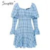 Vintage plaid donna Elegante colletto quadrato lungo manica a sbuffo da donna autunno mini Sexy volant A-line party dress 210414