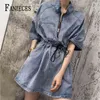 Short Sleeve Turndown Collar Denim Dress Sexy Robe Jeans Summer Bandage loose Dresses Women streetwear Vestidos de mujer 210520