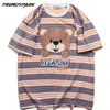 Hip Hop Bordado Bear T-Shirt Homens Harajuku Listrado Tshirt Algodão Casual Verão Verão Manga Curta T Shirt Tops Tees 210601