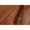 Kvinnors imitation läder brun retro med bälte mittlängd skjorta stil pu jacka 210521
