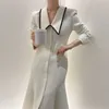AELEGANTMIS Coreano Casual Elegante Retro Vestido Branco Mulheres Desligam-se Collar Feminino Cor Bloco Preto Vestidos Mujer 210607