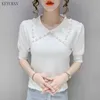 Summer Pearl Beading Thin Sweater Women Ruff Short Sleeve Turn-down Collar Pullover Knitted Tops Solid Slim Knitwear White Black X0721