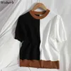 Estate Donna Magliette Moda Contrasto Colore Patchwork Camicie Coreano Lavorato a maglia Tees Allentato Casuale Pullover Top Femme 210519