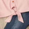 1-5Y Été Enfant Kid Filles Vêtements Ensemble Bow T-shirts tricotés Bandage Denim Pantalons Jeans Tenues 210515