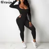 Sexy Vrouwelijke Jumpsuit Romper Lange Mouw Overalls voor Vrouwen Hooded Holle Bodycon Bodysuit Herfst Body Suits 210513