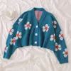 Flower Knit Cardigans Camisola Mulheres V Pescoço Loose Elegante Espesso Sweater Floral Femme Imprimir Estilo Preppy Estilo Cermo 210419