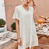 Été Femmes Broderie Mini Manches Courtes Casual Lâche Blanc Dentelle Robe De Plage 210415