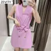 Kvinnor Mode Dubbel Breasted Solid Färg Vestido Vest Dress Office Ladies Casual Slim Bow Sashes Chic Dresses DS4182 210420