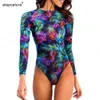 Baddräkt Kvinnor Långärmad Badkläder Surf Dykning Swimming Suit Leaf Print Badkläder Strand Slitage XL 210521