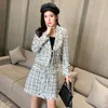 Vintage Herbst Winter Tweed 2 Stück Set Frauen Plaid Woven Golded Button Quaste Jacke Mantel + Hight Taille Rock Anzug Outfit 210514